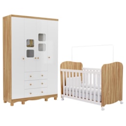 Jogo de Quarto Infantil Uli Guarda Roupa 4 Portas e Berço Branco Brilho/Amêndoa - Móveis Peroba