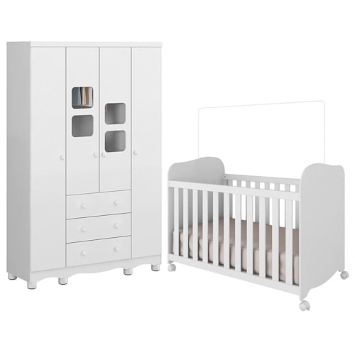 Jogo de Quarto Infantil Uli Guarda Roupa 4 Portas e Berço Branco Brilho - Móveis Peroba