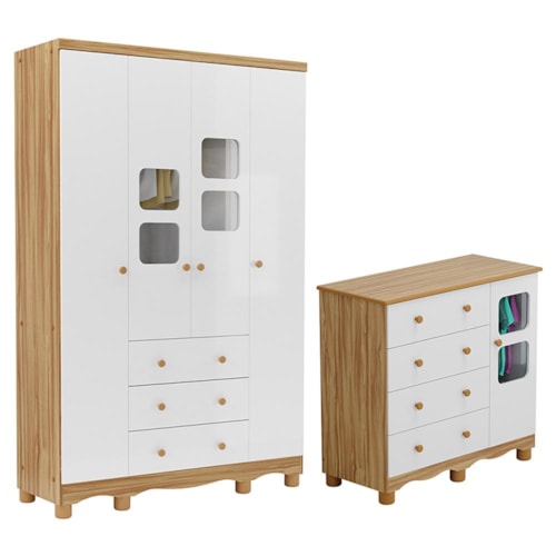Jogo de Quarto Infantil Uli Guarda Roupa 4 Portas e Cômoda Branco Brilho/Amêndoa - Móveis Peroba