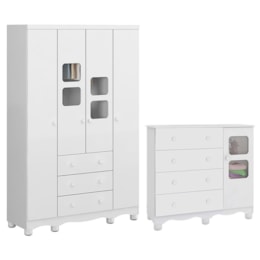 Jogo de Quarto Infantil Uli Guarda Roupa 4 Portas e Cômoda Branco Brilho - Móveis Peroba