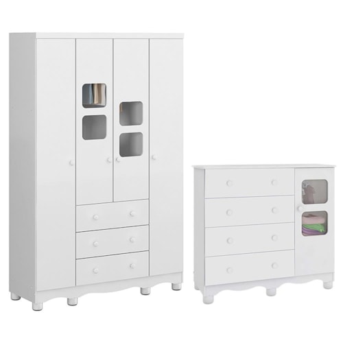 Jogo de Quarto Infantil Uli Guarda Roupa 4 Portas e Cômoda Branco Brilho - Móveis Peroba