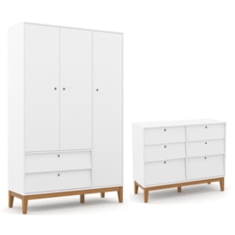 Jogo de Quarto Infantil Unique Guarda Roupa 3 Portas e Cômoda 6 Gavetas Branco Soft/Eco Wood - Matic Móveis   Jogo de Quarto Infantil Unique Guarda Roupa 3 Portas e Cômoda 6 Gavetas Branco Soft/Eco Wood - Matic Móveis