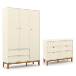 Jogo de Quarto Infantil Unique Guarda Roupa 3 Portas e Cômoda 6 Gavetas Off White/Eco Wood - Matic Móveis   Jogo de Quarto Infantil Unique Guarda Roupa 3 Portas e Cômoda 6 Gavetas Off White/Eco Wood - Matic Móveis