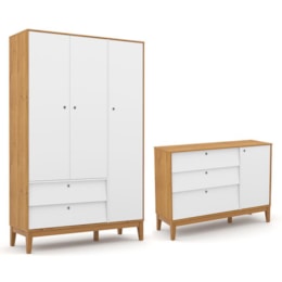 Jogo de Quarto Infantil Unique Guarda Roupa 3 Portas e Cômoda com Porta Freijó/Branco Soft/Eco Wood - Matic Móveis   Jogo de Quarto Infantil Unique Guarda Roupa 3 Portas e Cômoda com Porta Freijó/Branco Soft/Eco Wood - Matic Móveis