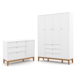 Jogo de Quarto Infantil Unique Guarda Roupa 4 Portas e Cômoda com Porta Branco Soft/Eco Wood - Matic Móveis   Jogo de Quarto Infantil Unique Guarda Roupa 4 Portas e Cômoda com Porta Branco Soft/Eco Wood - Matic Móveis