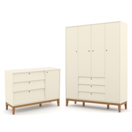 Jogo de Quarto Infantil Unique Guarda Roupa 4 Portas e Cômoda com Porta Off White/Eco Wood - Matic Móveis   Jogo de Quarto Infantil Unique Guarda Roupa 4 Portas e Cômoda com Porta Off White/Eco Wood - Matic Móveis