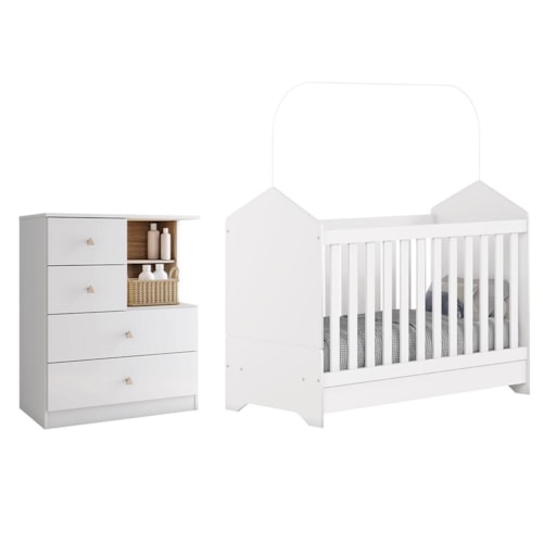 Jogo de Quarto Infantil Vanila com Berço e Cômoda Branco/Jequitibá - Móveis Henn 