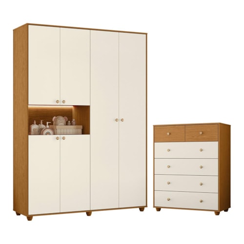 Jogo de Quarto Infantil Vittoria com Guarda Roupa e Cômoda Cinamomo/Off White - Móveis Albatroz