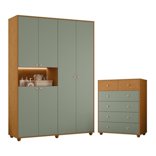 Jogo de Quarto Infantil Vittoria com Guarda Roupa e Cômoda Cinamomo/Sálvia - Móveis Albatroz