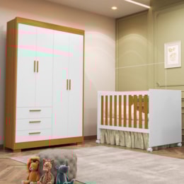 Jogo de Quarto Infantil Zaki Guarda Roupa e Berço Katatau Branco Fosco/Savana - Reller Móveis
