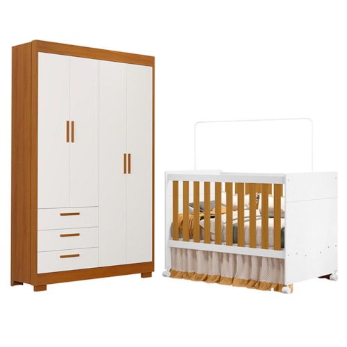 Jogo de Quarto Infantil Zaki Guarda Roupa e Berço Katatau Branco Fosco/Savana - Reller Móveis