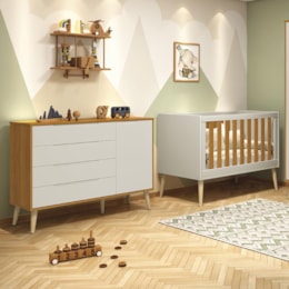 Jogo de Quarto Retrô Cômoda 1 Porta Elfe e Berço Noah Areia/Savana com Pés Madeira Natural - Reller Móveis  Jogo de Quarto Retrô Cômoda 1 Porta Elfe e Berço Noah Areia/Savana com Pés Madeira Natural - Reller Móveis