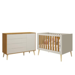 Jogo de Quarto Retrô Cômoda 1 Porta Elfe e Berço Noah Areia/Savana com Pés Madeira Natural - Reller Móveis  Jogo de Quarto Retrô Cômoda 1 Porta Elfe e Berço Noah Areia/Savana com Pés Madeira Natural - Reller Móveis