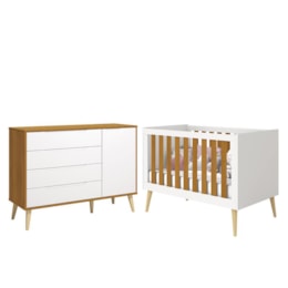 Jogo de Quarto Retrô Cômoda 1 Porta Elfe e Berço Noah Branco/Savana com Pés Madeira Natural - Reller Móveis  Jogo de Quarto Retrô Cômoda 1 Porta Elfe e Berço Noah Branco/Savana com Pés Madeira Natural - Reller Móveis
