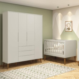 Jogo de Quarto Retrô Guarda Roupa Elfe e Berço Noah Areia com Pés Amadeirado - Reller Móveis  Jogo de Quarto Retrô Guarda Roupa Elfe e Berço Noah Areia com Pés Amadeirado - Reller Móveis