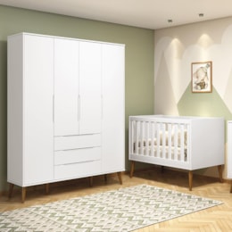 Jogo de Quarto Retrô Guarda Roupa Elfe e Berço Noah Branco com Pés Amadeirado - Reller Móveis  Jogo de Quarto Retrô Guarda Roupa Elfe e Berço Noah Branco com Pés Amadeirado - Reller Móveis