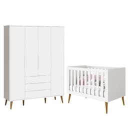 Jogo de Quarto Retrô Guarda Roupa Elfe e Berço Noah Branco com Pés Amadeirado - Reller Móveis  Jogo de Quarto Retrô Guarda Roupa Elfe e Berço Noah Branco com Pés Amadeirado - Reller Móveis