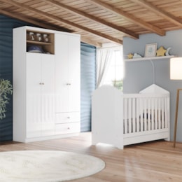 Jogo de Quarto Vanila com Guarda Roupa e Berço Branco/Jequitibá - Móveis Henn