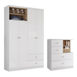 Jogo de Quarto Vanila com Guarda Roupa e Cômoda Branco/Jequitibá - Móveis Henn