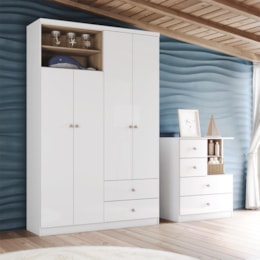 Jogo de Quarto Vanila com Guarda Roupa e Cômoda Branco/Jequitibá - Móveis Henn