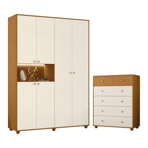 Jogo de Quarto Vittoria com Guarda Roupa e Cômoda Cinamomo/Off White - Móveis Albatroz