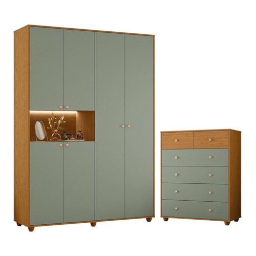 Jogo de Quarto Vittoria com Guarda Roupa e Cômoda Cinamomo/Sálvia - Móveis Albatroz