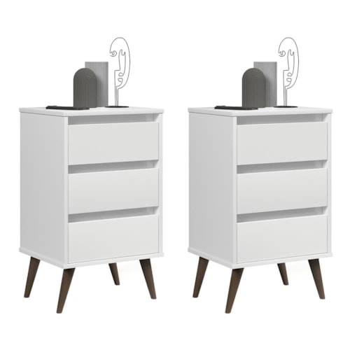 Kit 2 Mesa de Cabeceira Retrô Wood 3 Gavetas Branco – EJ Móveis