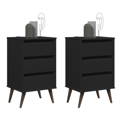 Kit 2 Mesa de Cabeceira Retrô Wood 3 Gavetas Preto – EJ Móveis
