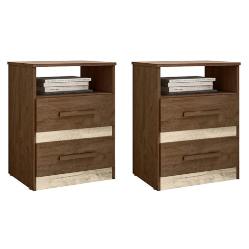 Kit 2 Mesas de Cabeceira Apolo 2 Gavetas Flex Castanho Wood/Avelã Wood - Moval