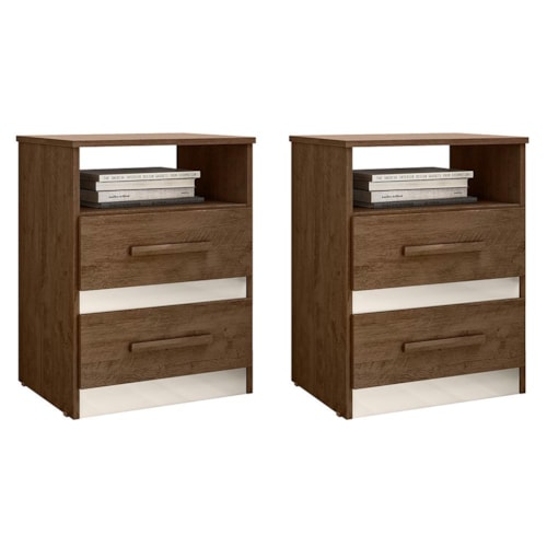 Kit 2 Mesas de Cabeceira Apolo 2 Gavetas Flex Castanho Wood/Off White - Moval