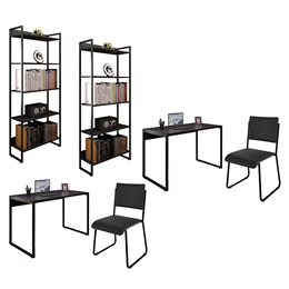 Kit 2 Mesas de Escritório 120 e 2 Estantes Office Industrial Preto com 2 Cadeiras Studio Ind - PR Móveis