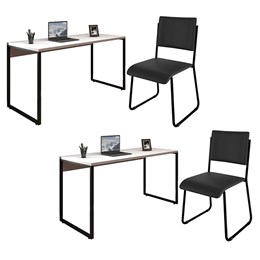 Kit 2 Mesas de Escritório Office Industrial 150 Branco e 2 Cadeiras Studio Ind Preto - PR Móveis