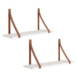 Kit 2 Prateleiras Luna 66,6cm Branco Fosco com Alças de Couro - Reller Móveis Kit 2 Prateleiras Luna 66,6cm Branco Fosco com Alças de Couro - Reller Móveis
