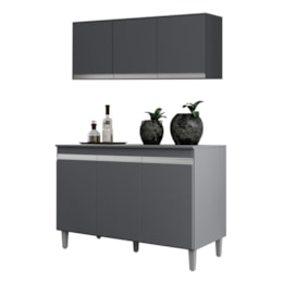 Kit Cozinha Balcão Manu 120cm com Tampo MDP e Aéreo Andréia Cinza - AJL Móveis Kit Cozinha Balcão Manu 120cm com Tampo MDP e Aéreo Andréia Cinza - AJL Móveis