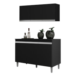 Kit Cozinha Balcão Manu 120cm com Tampo MDP e Aéreo Andréia Preto - AJL Móveis Kit Cozinha Balcão Manu 120cm com Tampo MDP e Aéreo Andréia Preto - AJL Móveis