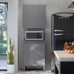 Kit de Cozinha 2 Peças com Balcão Micro-ondas e Armário Aéreo 2 Portas Cinza – EJ Móveis