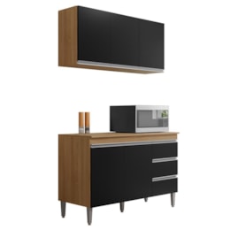 Kit de Cozinha Andréia Balcão 120cm Amêndoa/Preto com Tampo MDP e Aéreo - AJL Móveis Kit de Cozinha Andréia Balcão 120cm Amêndoa/Preto com Tampo MDP e Aéreo - AJL Móveis