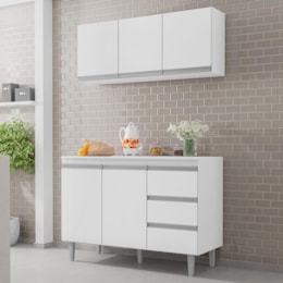 Kit de Cozinha Andréia Balcão 120cm Branco com Tampo MDP e Aéreo - AJL Móveis Kit de Cozinha Andréia Balcão 120cm Branco com Tampo MDP e Aéreo - AJL Móveis