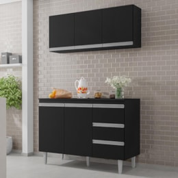 Kit de Cozinha Andréia Balcão 120cm Preto com Tampo MDP e Aéreo - AJL Móveis Kit de Cozinha Andréia Balcão 120cm Preto com Tampo MDP e Aéreo - AJL Móveis