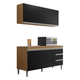 Kit de Cozinha Andréia Balcão 150cm Amêndoa/Preto com Tampo MDP e Aéreo - AJL Móveis Kit de Cozinha Andréia Balcão 150cm Amêndoa/Preto com Tampo MDP e Aéreo - AJL Móveis