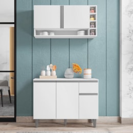 Kit de Cozinha Vanessa Balcão com Tampo MDP e Aéreo Branco - AJL Móveis Kit de Cozinha Vanessa Balcão com Tampo MDP e Aéreo Branco - AJL Móveis