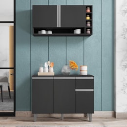 Kit de Cozinha Vanessa Balcão com Tampo MDP e Aéreo Cinza - AJL Móveis Kit de Cozinha Vanessa Balcão com Tampo MDP e Aéreo Cinza - AJL Móveis