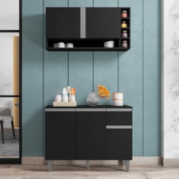 Kit de Cozinha Vanessa Balcão com Tampo MDP e Aéreo Preto - AJL Móveis Kit de Cozinha Vanessa Balcão com Tampo MDP e Aéreo Preto - AJL Móveis