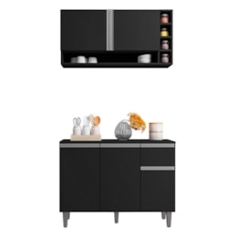 Kit de Cozinha Vanessa Balcão com Tampo MDP e Aéreo Preto - AJL Móveis Kit de Cozinha Vanessa Balcão com Tampo MDP e Aéreo Preto - AJL Móveis