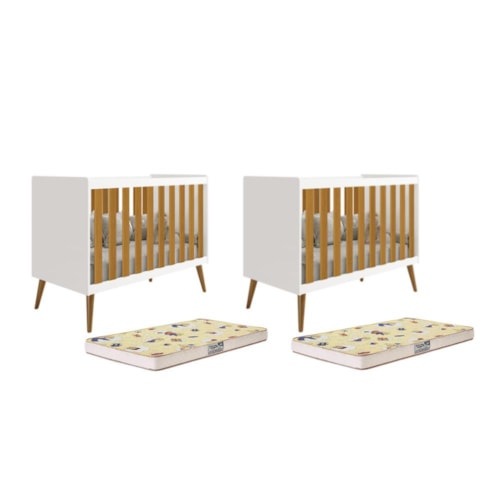 Kit Gêmeos Berço Americano Isis Branco/Savana com Colchões Supreme - Reller Móveis