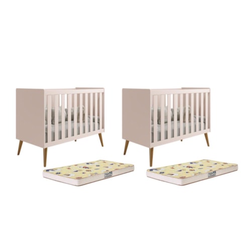 Kit Gêmeos Berço Americano Isis Rosa com Colchões Supreme - Reller Móveis