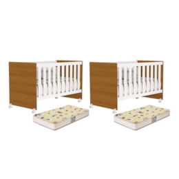 Kit Gêmeos Berço Branco/Savana Mel com Colchões Supreme - Reller Móveis