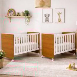 Kit Gêmeos Berço Mel Branco/Savana com Colchões Baby Physical - Reller Móveis