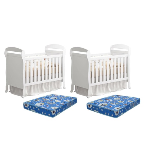 Kit Gêmeos Berço Mini Cama Danny Branco Brilho com Colchões Baby Physical - Reller Móveis