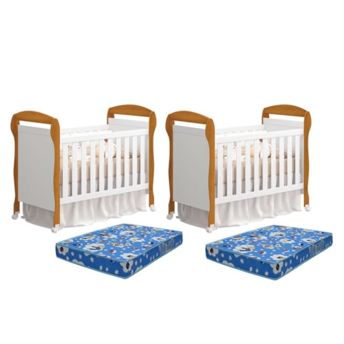 Kit Gêmeos Berço Mini Cama Danny Branco/Savana com Colchões Baby Physical - Reller Móveis